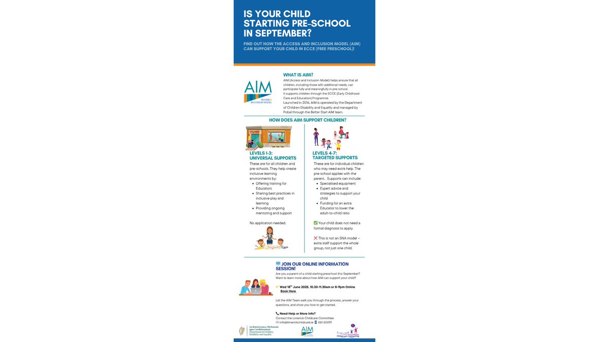 Is your child starting preschool this September? Curious about AIM (Access &amp; Inclusion Model) and how it can support your child? Join us for a FREE online info session just for parents on Wed 18 June at 10:30–11:30am or 8 – 9pm 
Book here:  bit.ly/45Adk6E
#ECCE #AIM