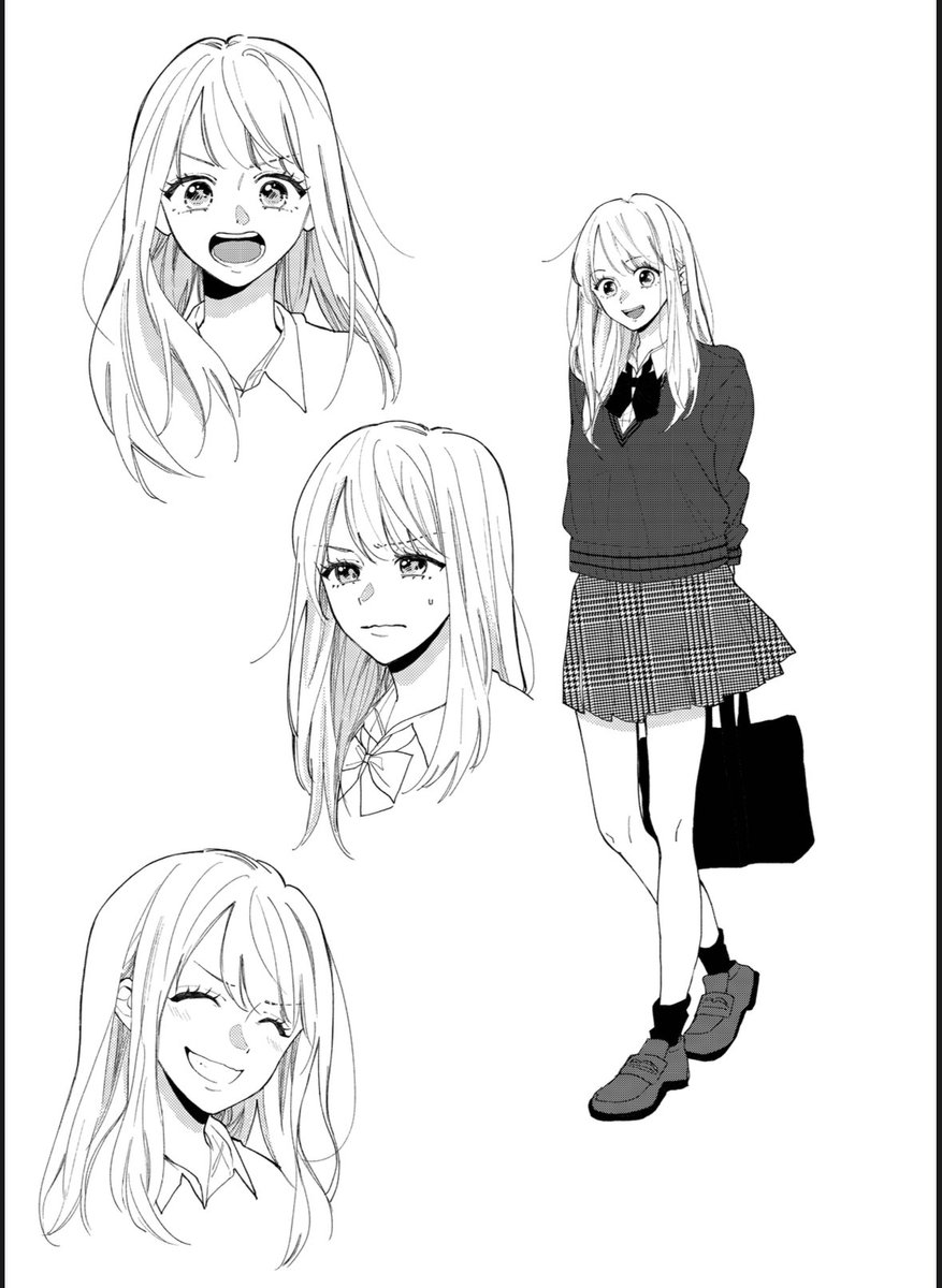 こちらは水間&心羽のキャラクターデザイン初期案です😌2人ともちょっと顔つきが違くて…心羽は特に目が変わりました!(吊り目&縦長目に)あと制服が全然違います笑3枚目は今現在の2人の絵で、4枚目は本当〜に最初の原案の水間です!こんな…ノートの端の端から生まれたんです…この子が漫画になるとは✨