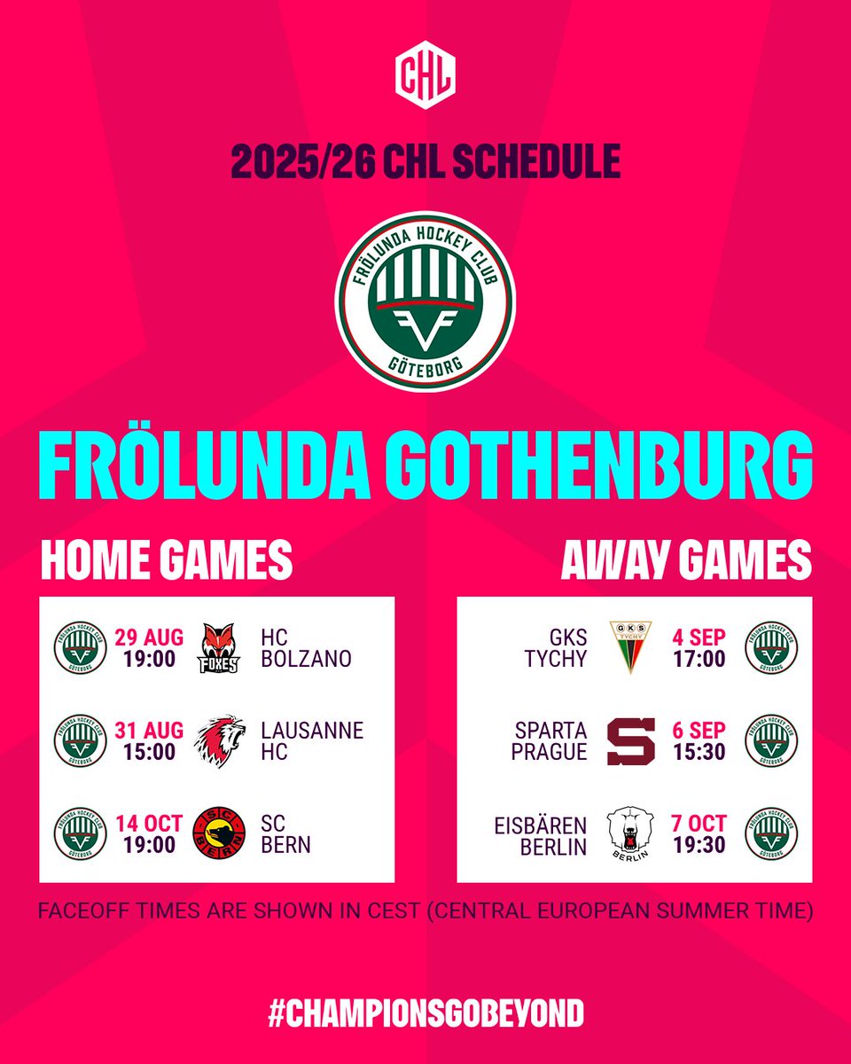 Så här ser spelschemat för CHL ut. Biljetter till matcherna är tillgängliga från och med onsdag 10.00. Vi ses!
