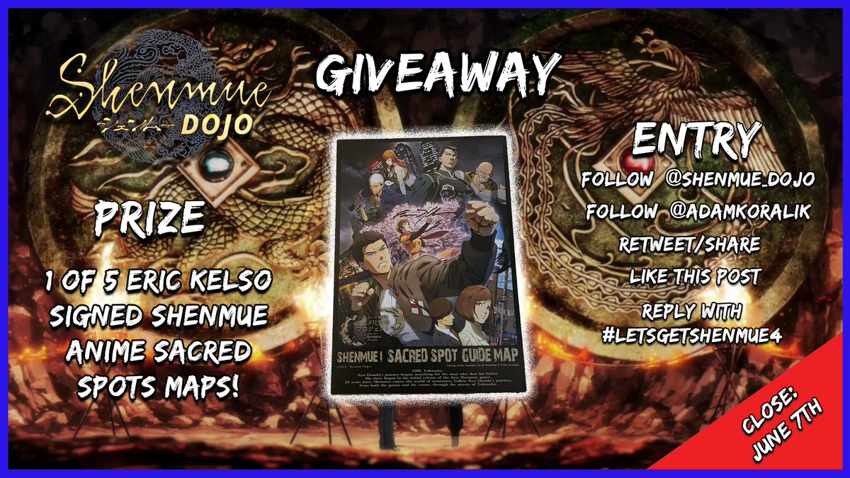 Shenmue Dojo 🐦🔥 (@shenmue_dojo) on Twitter photo 🎉 COMPETITION! 🎉
To celebrate #LetsGetShenmue4 day, we're giving away 5x Eric Kelso Signed Anime Maps—thanks to Adam Koralik!
To enter:
✅ Follow The Dojo
✅ Follow <a href="/AdamKoralik/">Adam Koralik</a>
✅ Like, RT & reply using #LetsGetShenmue4
🌍 Open worldwide. Ends June 7! 🎉 COMPETITION! 🎉
To celebrate #LetsGetShenmue4 day, we're giving away 5x Eric Kelso Signed Anime Maps—thanks to Adam Koralik!
To enter:
✅ Follow The Dojo
✅ Follow <a href="/AdamKoralik/">Adam Koralik</a>
✅ Like, RT & reply using #LetsGetShenmue4
🌍 Open worldwide. Ends June 7!