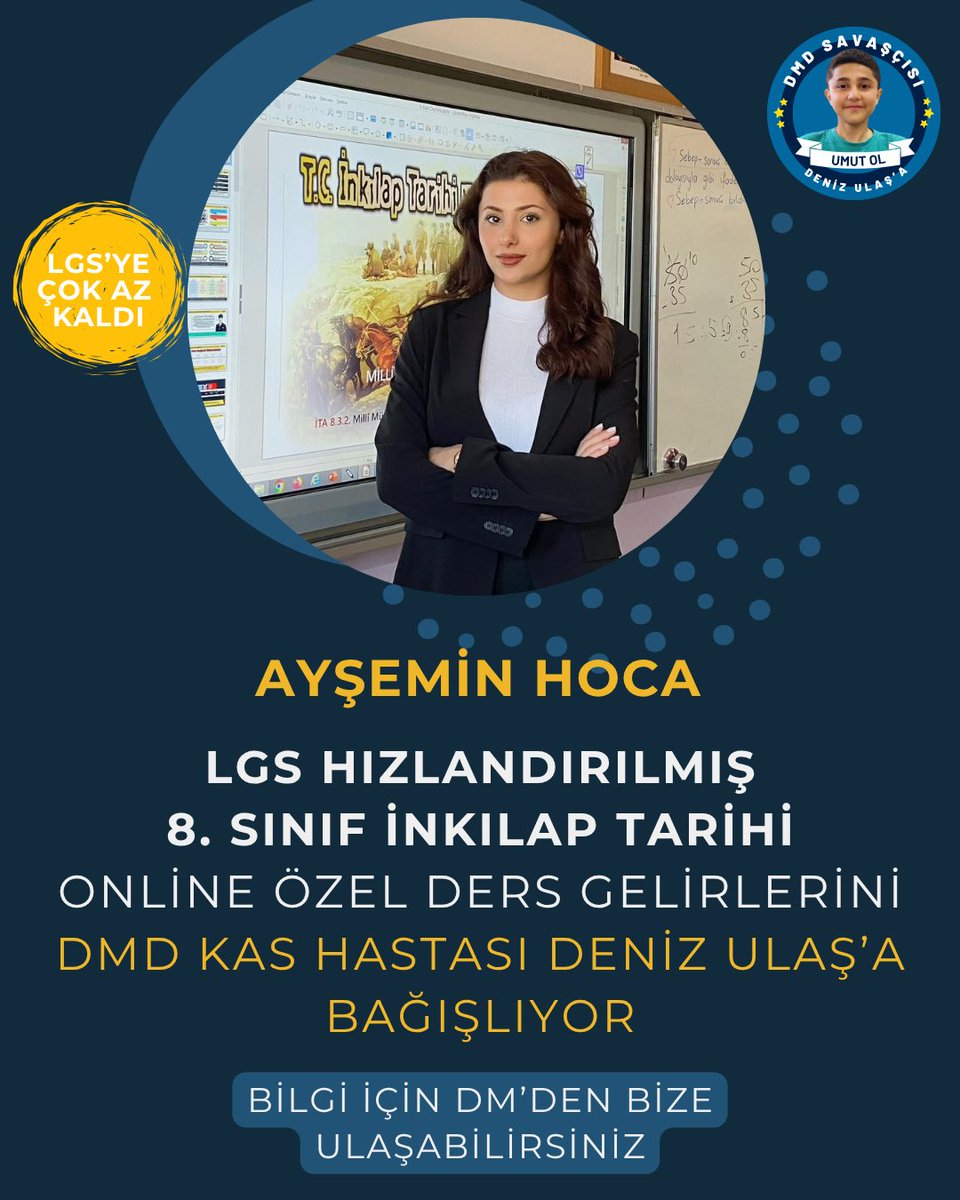 LGS’ye sayılı günler kaldı!
Ayşemin Hoca, 8. sınıf öğrencilerine özel hızlandırılmış İnkılap Tarihi dersiyle sınav maratonuna destek oluyor.
Üstelik bu derslerin tüm geliri, DMD hastası Deniz Ulaş’ın tedavi sürecine umut oluyor! 💛
Detaylı bilgi ve kayıt için DM’den bize ulaşın.