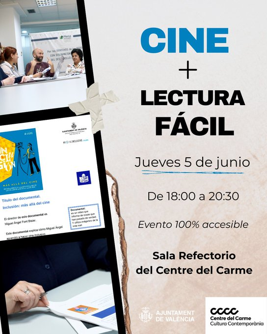 Ajuntament València (@ajuntamentvlc) on Twitter photo 📽️ Presentamos junto al <a href="/ConsorcioMuseos/">Consorcio Museos CV</a> el largometraje "Inclusión-Más allá del cine", de <a href="/MAngelFont/">Miguel Ángel Font Bisier</a>, con la primera adaptación a lectura fácil de un largometraje en España.
📅 Jueves, 5 de junio
🕕 18:00 a 20:30 h
🎟️Acceso libre y gratuito
📍<a href="/centrecarme/">carme batllo dam</a>, Saló Refectori. 📽️ Presentamos junto al <a href="/ConsorcioMuseos/">Consorcio Museos CV</a> el largometraje "Inclusión-Más allá del cine", de <a href="/MAngelFont/">Miguel Ángel Font Bisier</a>, con la primera adaptación a lectura fácil de un largometraje en España.
📅 Jueves, 5 de junio
🕕 18:00 a 20:30 h
🎟️Acceso libre y gratuito
📍<a href="/centrecarme/">carme batllo dam</a>, Saló Refectori.