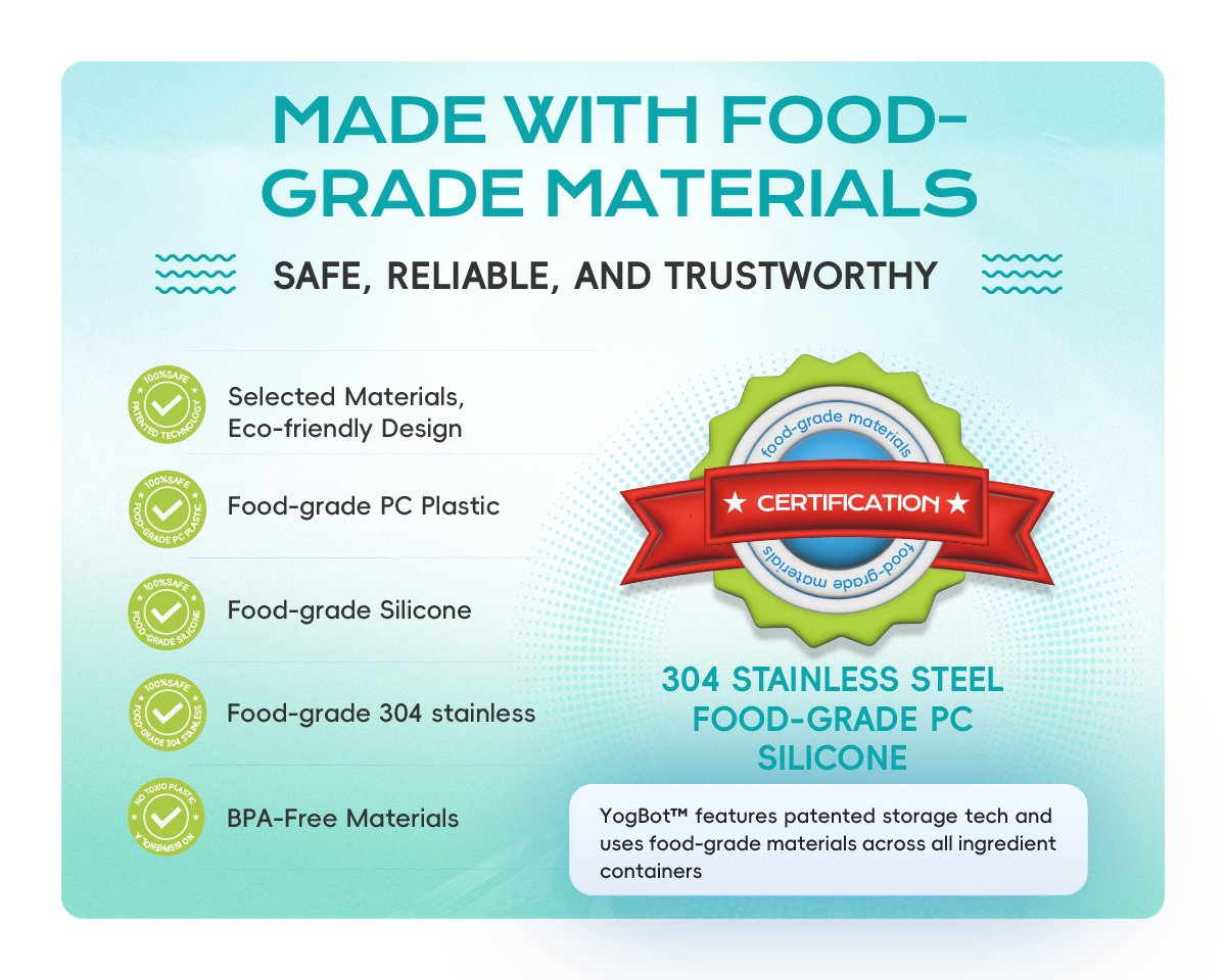 Neil_BlueSpoon's tweet image. 🚀 Introducing YogBot™ – Safe, Smart &amp;amp; Delicious! 
✅ Food-Grade Materials – PC, silicone &amp;amp; 304 stainless steel
✅ BPA-Free – Pure, safe ingredients every time
✅ Eco-Friendly Design – Good for you &amp;amp; the planet 🌍
🌟 Certified. Reliable. Trusted. 
#YogBot #HealthyTech #FoodSafe