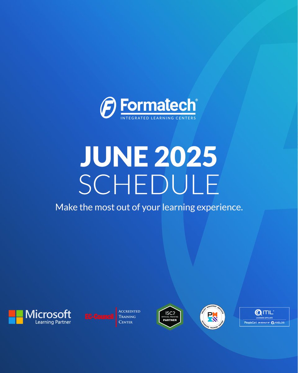 formatechedu's tweet image. Formatech training programs are all accredited by International Companies such as PMI, Microsoft, EC-Council, AWS, CompTIA, PECB, ISC2, CertNexus, PeopleCert, Cambridge and more.

Registrations are now open ➡ bit.ly/45BpWKG

#Formatech30years #Formatech #LearnAndGrow