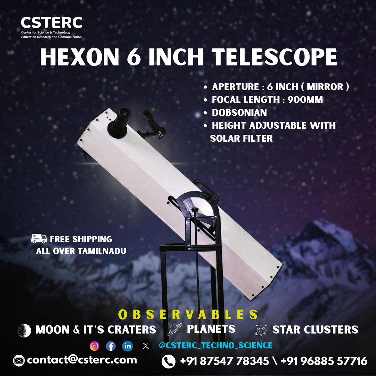 CSTERC (@cstercscitech) on Twitter photo π Introducing CSTERC HEXON 6-inch Reflect Telescope.
π +91 93604 38363
π§ Email: contact@csterc.com
#CSTERC #ReflectTelescope #DeepSkyObservation #HEXON6Inch #SpaceExploration #TelescopeIndia #AstronomyTamilNadu #DobsonianTelescope #ScienceTools #MoonWatch #StarGazing. π Introducing CSTERC HEXON 6-inch Reflect Telescope.
π +91 93604 38363
π§ Email: contact@csterc.com
#CSTERC #ReflectTelescope #DeepSkyObservation #HEXON6Inch #SpaceExploration #TelescopeIndia #AstronomyTamilNadu #DobsonianTelescope #ScienceTools #MoonWatch #StarGazing.