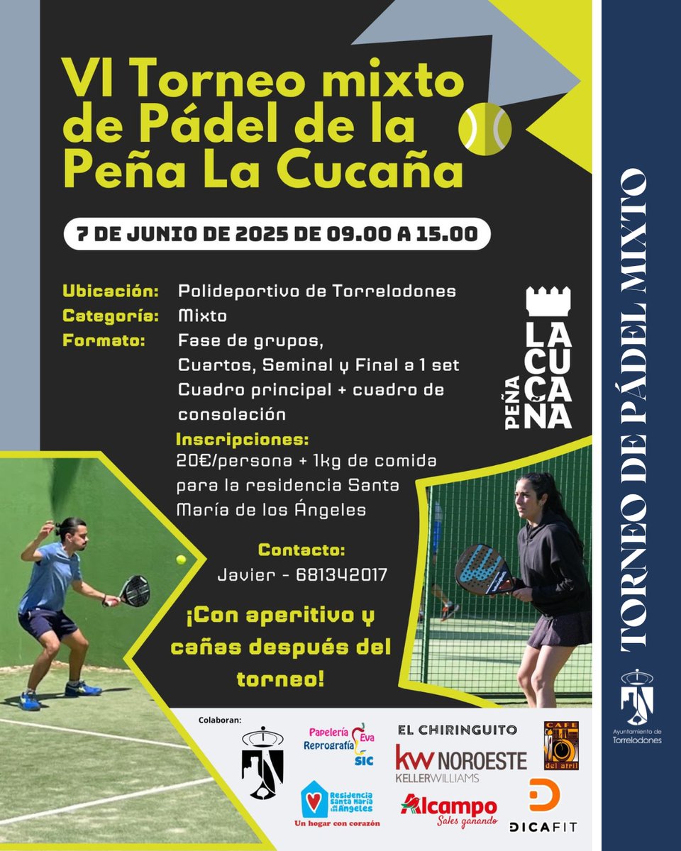 Ayuntamiento de Torrelodones (@ayto_torre) on Twitter photo 🎾 La Peña <a href="/Somoslacucana/">Peña La Cucaña</a> organiza un torneo de pádel mixto y solidario el 7 de junio en el Polideportivo de Torrelodones.
Inscríbete por 20€ y trae un kg de comida no perecedera. ¡Deporte, diversión y solidaridad!
👉 Reservas: 681342017
Más info: torrelodones.es/noticias/10691… 🎾 La Peña <a href="/Somoslacucana/">Peña La Cucaña</a> organiza un torneo de pádel mixto y solidario el 7 de junio en el Polideportivo de Torrelodones.
Inscríbete por 20€ y trae un kg de comida no perecedera. ¡Deporte, diversión y solidaridad!
👉 Reservas: 681342017
Más info: torrelodones.es/noticias/10691…