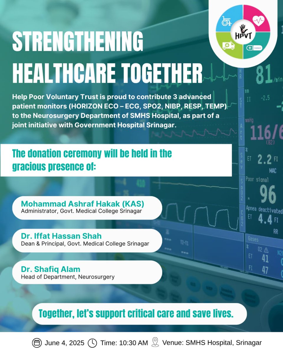 hpvtrust's tweet photo. HPVT is donating 3 patient monitors on 4th June-25, at 10:30 am to the Neurosurgery Department of SMHS, in the presence of Dr. Iffat Hassan Shah, Dean and Principal of GMC, Srinagar, Mohammad Ashraf Hakak (KAS), Administrator of GMC and Dr. Shafiq Alam, HOD Neurosurgery. https://t.co/fLV9rbi8Eh