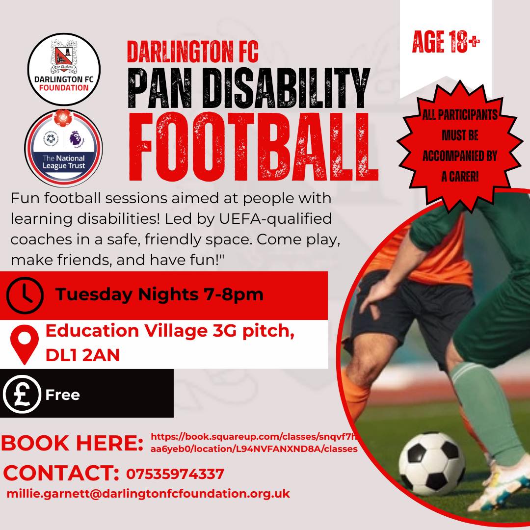 Today we host
10am Well Played (Indoor Sports for Positive Mental Health )
1pm Think With Your Feet (Football for Positive Mental Health)
7pm Pan-Disability our new session for anyone with learning difficulties *NEW*
8pm Women's Recreational Football
<a href="/Official_Darlo/">Darlington FC</a> <a href="/TheNLTrust/">The National League Trust</a>