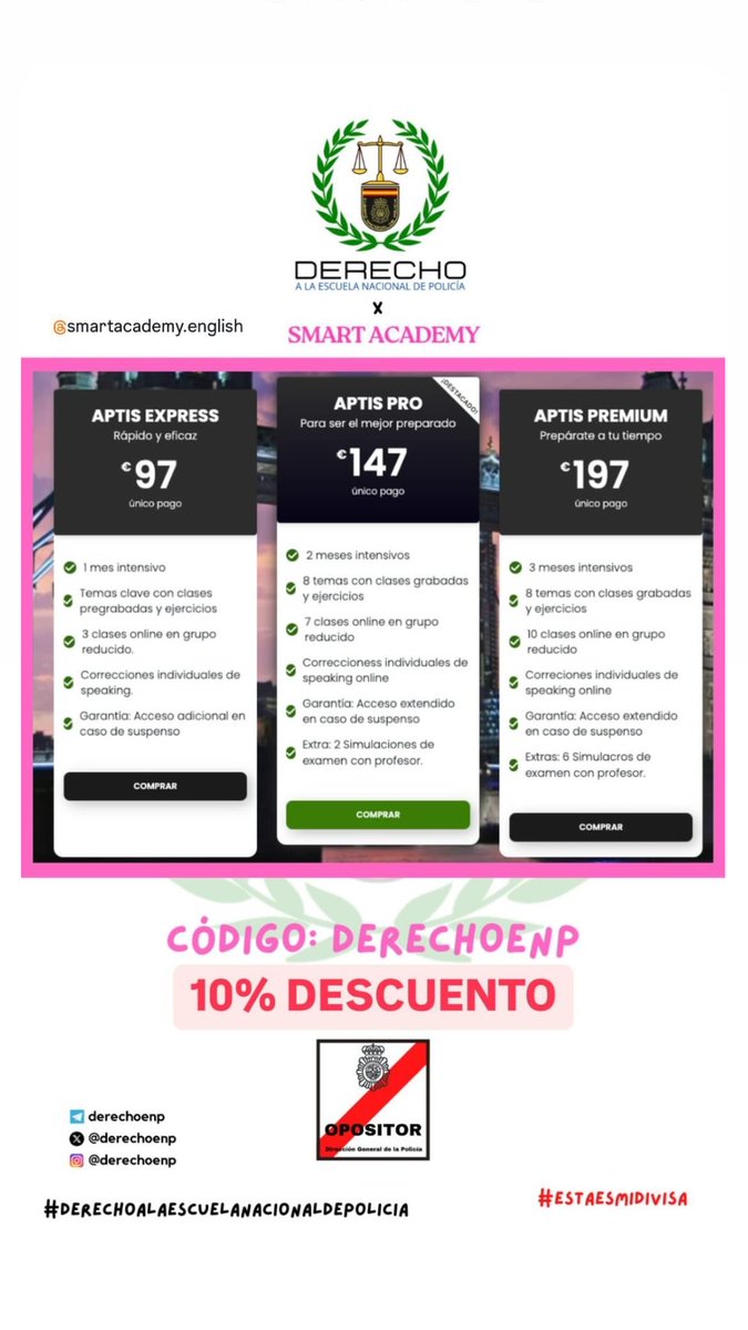 📲 Os recordamos para los que tengáis que sacaros los niveles A2 o B1 de inglés os dejamos este código de descuento del 10% 💸

CÓDIGO: derechoenp