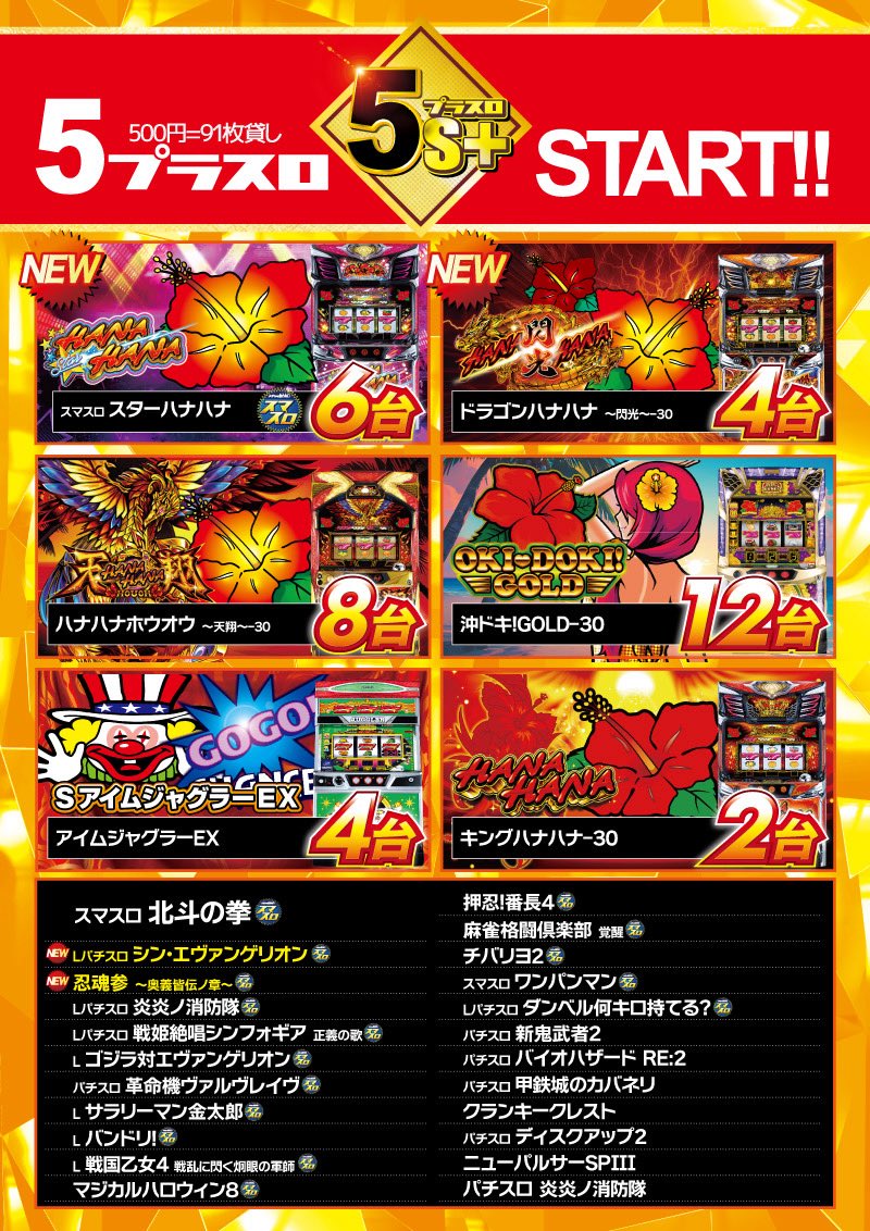 明日6月4日水曜日朝9時OPENです！

6月は【初めて】が多い🤔
明日はハナハナマグカップ【初】入荷です！

最新台も導入完了
いざ！番長1台、ギルティクラウン1台
ドラゴンハナハナ11台
などなど導入しました。

5スロも楽しい機種がいっぱい

お待ちしております😊！