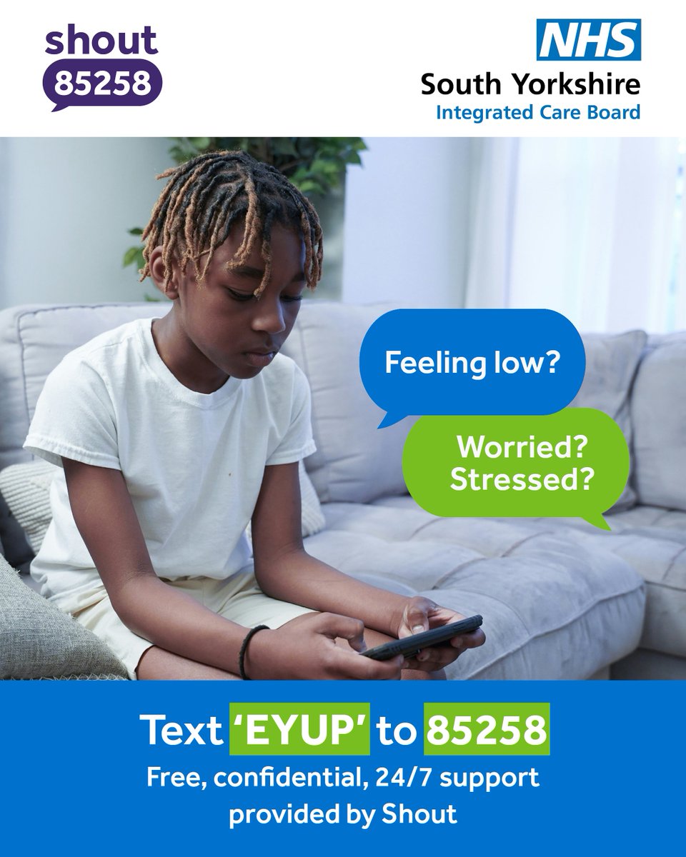 apjschool's tweet image. Shout launched on 27 May 2025, this offers urgent mental health support by text message to people in South Yorkshire.

Text ‘EYUP’ to 85258 for support

This service is available to anyone who feels they need support, adults and children