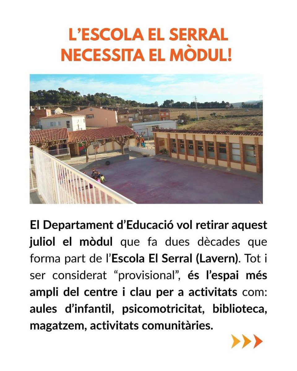 aps_cup's tweet photo. 💪 EL MÒDUL NO ES TOCA! El Departament d’Educació vol retirar aquest juliol el mòdul que fa dues dècades que forma part de l’Escola El Serral (Lavern). És l’espai més ampli del centre i clau per a activitats com: aules d’infantil, biblioteca, magatzem i activitats comunitàries... https://t.co/jrvC7eWr8u