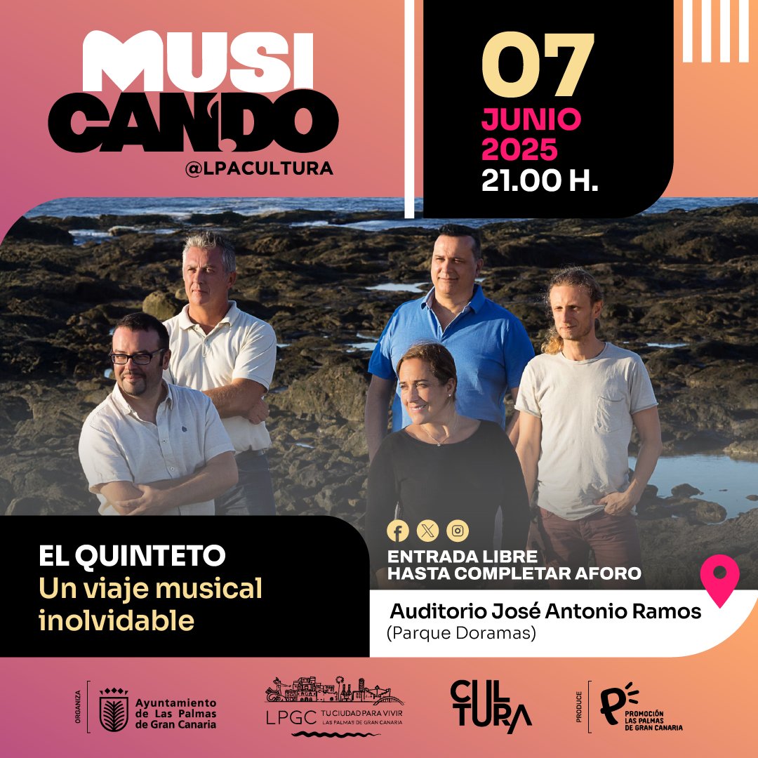 𝐄𝐋 𝐐𝐔𝐈𝐍𝐓𝐄𝐓𝐎 «𝐔𝐧 𝐯𝐢𝐚𝐣𝐞 𝐦𝐮𝐬𝐢𝐜𝐚𝐥 𝐢𝐧𝐨𝐥𝐯𝐢𝐝𝐚𝐛𝐥𝐞». 

𝐌𝐔𝐒𝐈𝐂𝐀𝐍𝐃𝐎 regresa con un concierto para cruzar fronteras a través de la música.

📍  Parque Doramas
🗓 Sábado 7 de junio | 🕘 21:00 h
🎟 Entrada gratuita hasta completar aforo

<a href="/aytolpgc/">Ayuntamiento de Las Palmas de Gran Canaria</a>