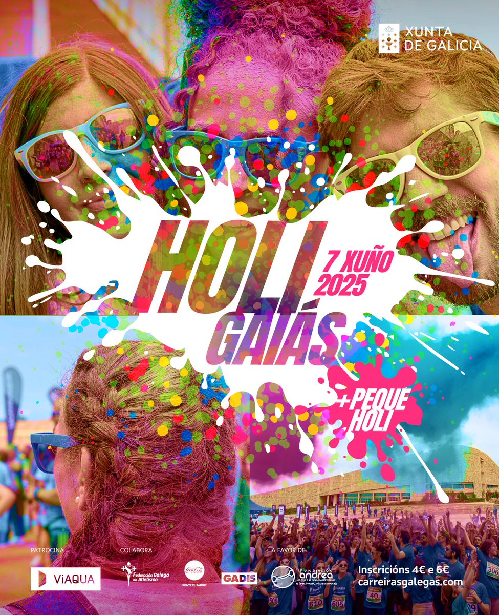 🟠Últimas entradas para a Holi Gaiás! Ata este mércores podes anotarte na carreira máis colorida e divertida da primavera!

➡️Parte do recadado irá para a <a href="/Fundiandrea/">FundacionAndrea</a>, que apoia a nenos e nenas con enfermidades crónicas, de longa duración ou terminais

ℹ️ bit.ly/HoliGaias2025