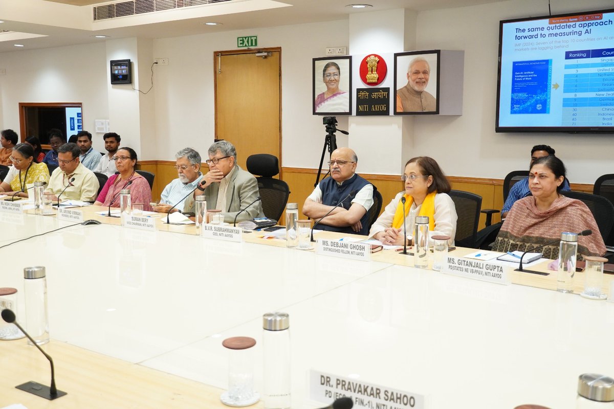 NITIAayog's tweet photo. NITI Aayog’s Frontier Tech Hub | 3rd Gurukul Session on Digital Economy for Viksit Bharat

NITI Aayog’s Frontier Tech Hub hosted its 3rd Gurukul Session, themed “Digital Economy for Viksit Bharat,” featuring an insightful address by Dr. Deepak Mishra, Director & Chief Executive of Indian Council for Research on International Economic Relations (ICRIER). It witnessed participation from Shri Suman Bery, Vice Chairman, NITI Aayog, Shri B V R Subrahmanyam, CEO, NITI Aayog, Members, Distinguished Fellows, Program Directors, and Senior officials of NITI Aayog.

The session focused on key insights from the State of India’s Digital Economy (SIDE) report, which underscores the growing significance of India’s digital sector. A key takeaway was the need to move beyond traditional global indices, which often fall short in capturing India’s unique digital progress. Instead, the report advocates for the development of new, context-specific metrics that better align with India’s evolving digital landscape.

A major contribution was the introduction of the CHIPS Framework—Connect, Harness, Innovate, Protect, Sustain—a comprehensive model for benchmarking digital development. The discussion also reflected on India’s role in the broader digital rise of the Global South and the need to deepen digital adoption across sectors.

#PMOIndia #NITIAayog #NITIFTH #FTH #Frontiertechhub #DIGITALECONOMY #Frontiertechgurukul