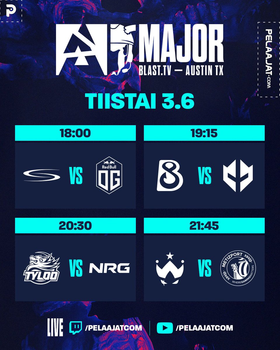 Pelaajat.com (@pelaajatcom) on Twitter photo MAJOR STARTTAA TÄNÄÄ🏆
⏰18:00
📺twitch.tv/pelaajatcom & Pelcom-tube
🎤 <a href="/ArttuHamalainen/">Kreivi Nicolaus Ludwig von Tsintsendorff</a> & <a href="/SamppaCS2/">Samu Kylmälä</a>
#esportsfi #counterstrike #BLAST MAJOR STARTTAA TÄNÄÄ🏆
⏰18:00
📺twitch.tv/pelaajatcom & Pelcom-tube
🎤 <a href="/ArttuHamalainen/">Kreivi Nicolaus Ludwig von Tsintsendorff</a> & <a href="/SamppaCS2/">Samu Kylmälä</a>
#esportsfi #counterstrike #BLAST