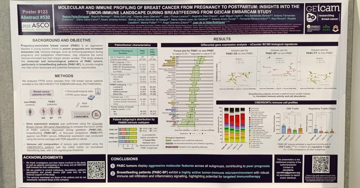 🟣 New immunological insights into breast cancer during #pregnancy and breastfeeding.

<a href="/GEICAM/">GEICAM - Cáncer de mama</a> has also presented new data from the #EMBARCAM study at #ASCO25 🔬 This molecular and immunological analysis, developed in collaboration with <a href="/IMIBIC/">IMIBIC</a> by Dr. Juan de la Haba (<a href="/juahaba/">Juan de la Haba</a>),