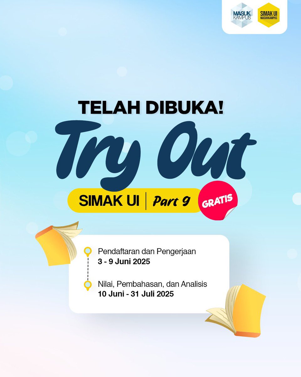masukkampus's tweet image. [TRY OUT SIMAK UI 2025 PART 9 - GRATIS!]

✨ Keunggulan TO SIMAK Part 9:
✅ Format &amp;amp; subtes sesuai SIMAK UI 2025
✅ Penilaian real &amp;amp; pemeringkatan nasional
✅ Akses pembahasan sampai hari H SIMAK UI
✅ GRATIS tanpa dipungut biaya!

#SIMAKUI #TryOutSIMAKUI #UniversitasIndonesia…