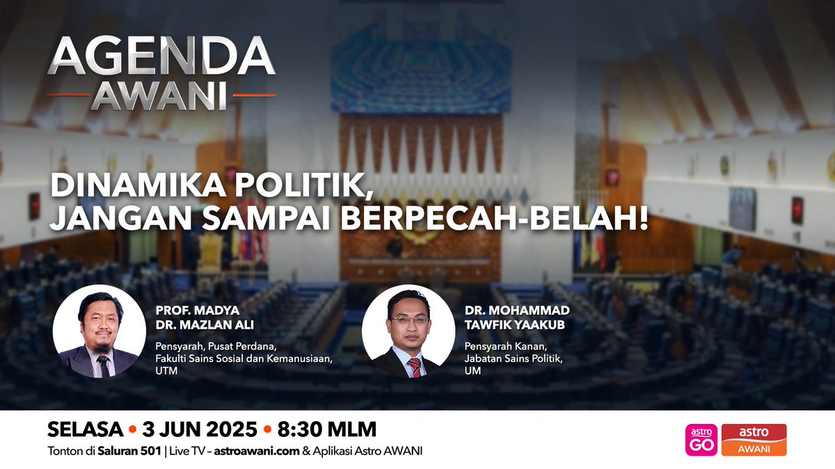 AgendaAWANI (@agendaawani) on Twitter photo Apa mesej sebenar yang perlu difahami dalam titah Seri Paduka YDPA mengenai ‘lagi banyak parti politik, maka rakyat akan berpecah-belah dan saling membenci’? Diskusi 8.30 malam <a href="/501Awani/">Astro AWANI</a> Apa mesej sebenar yang perlu difahami dalam titah Seri Paduka YDPA mengenai ‘lagi banyak parti politik, maka rakyat akan berpecah-belah dan saling membenci’? Diskusi 8.30 malam <a href="/501Awani/">Astro AWANI</a>