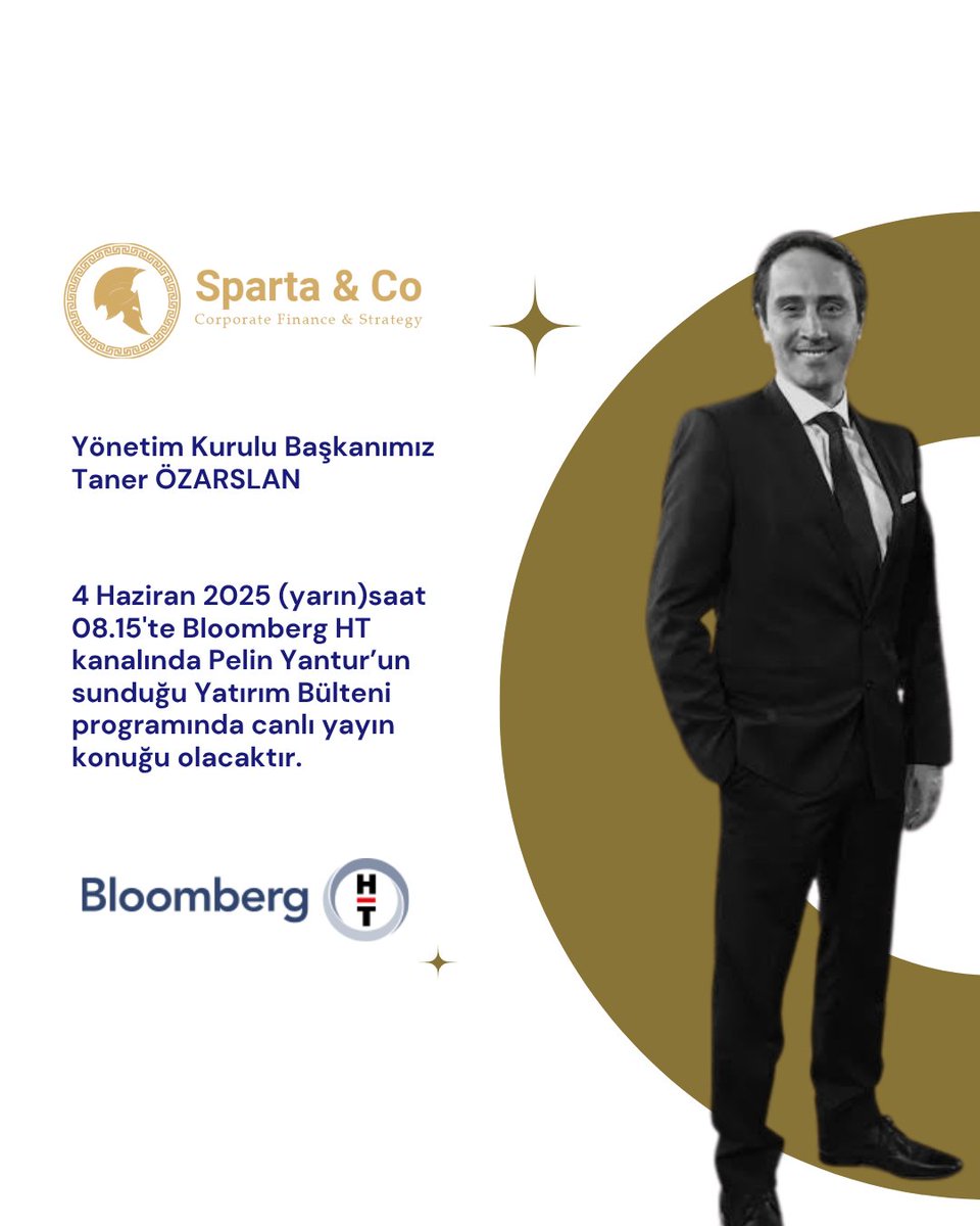 Yönetim Kurulu Başkanımız Taner Özarslan yarın saat 08.15'te Bloomberg HT ekranlarında Pelin Yantur'un sunduğu "Yatırım Bülteni" programında canlı yayın konuğu olacaktır. Keyifli seyirler!