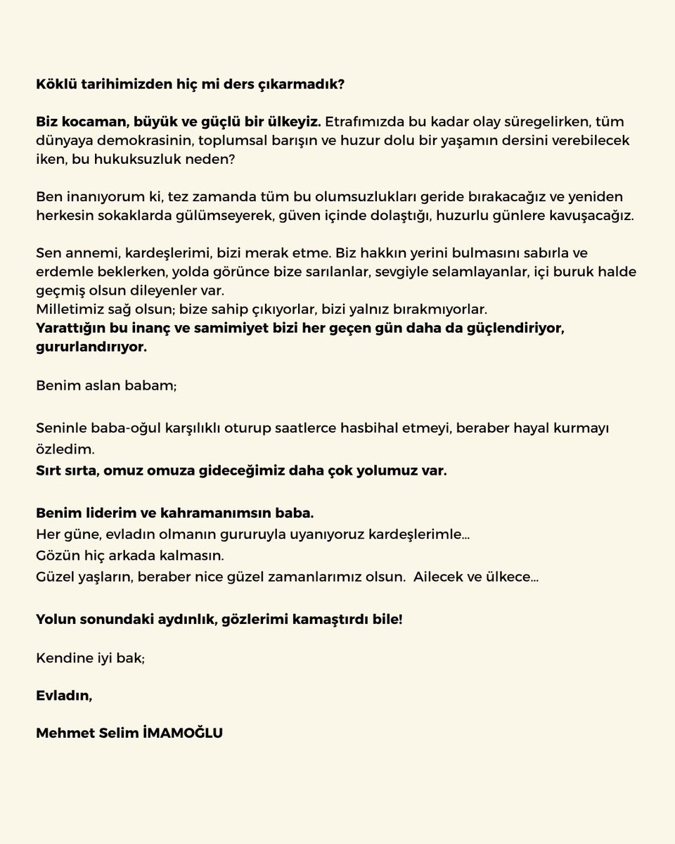 Selim İmamoğlu (@mselimimamoglu) on Twitter photo İyi ki doğdun, benim aslan babam…
#ekremimamoglu
<a href="/CBAdayOfisi/">Cumhurbaşkanlığı Aday Ofisi</a>
“Yolun sonundaki aydınlık, gözlerimi kamaştırdı bile!” İyi ki doğdun, benim aslan babam…
#ekremimamoglu
<a href="/CBAdayOfisi/">Cumhurbaşkanlığı Aday Ofisi</a>
“Yolun sonundaki aydınlık, gözlerimi kamaştırdı bile!”
