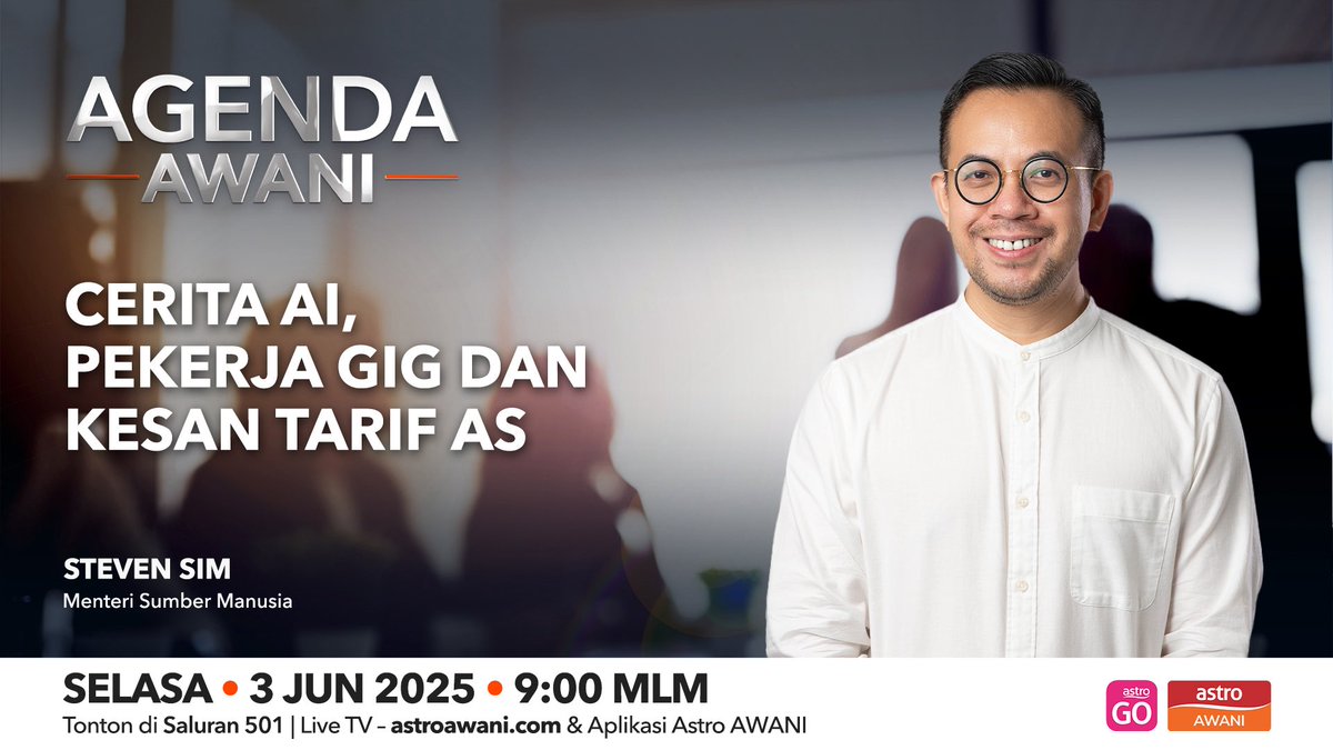 AgendaAWANI (@agendaawani) on Twitter photo Temu bual bersama Menteri Sumber Manusia, <a href="/scheekeong/">Steven Sim 🇲🇾</a> mengenai langkah melindungi sektor pekerjaan yang terjejas ekoran tarif AS, RUU Pekerja Gig 2025 serta strategi memastikan tenaga kerja tempatan dilengkapi kemahiran yang diperlukan sejajar dengan era AI <a href="/501Awani/">Astro AWANI</a> Temu bual bersama Menteri Sumber Manusia, <a href="/scheekeong/">Steven Sim 🇲🇾</a> mengenai langkah melindungi sektor pekerjaan yang terjejas ekoran tarif AS, RUU Pekerja Gig 2025 serta strategi memastikan tenaga kerja tempatan dilengkapi kemahiran yang diperlukan sejajar dengan era AI <a href="/501Awani/">Astro AWANI</a>