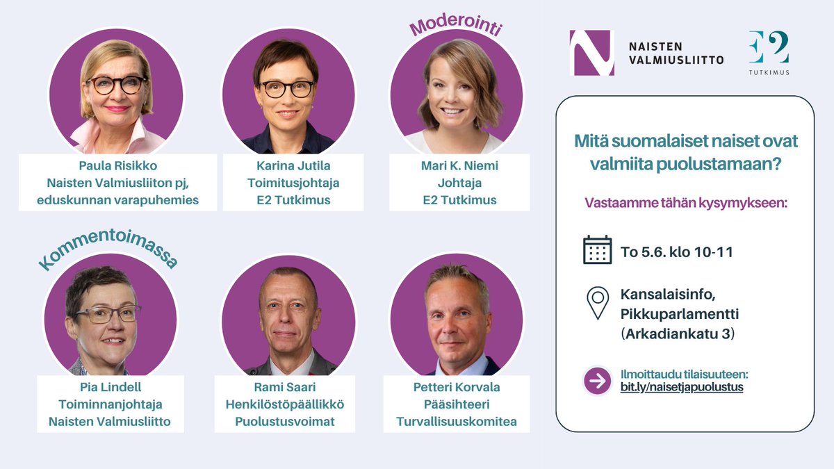 Mitä suomalaiset naiset ovat valmiita puolustamaan? Millaisissa tehtävissä heillä on valmiutta toimia häiriö-, poikkeus- tai kriisitilanteessa? 💬💪

Tervetuloa kuuntelemaan tuoreita tutkimustuloksia Naisten Valmiusliitto ry:n ja E2 Tutkimuksen julkistustilaisuuteen to 5.6.2025