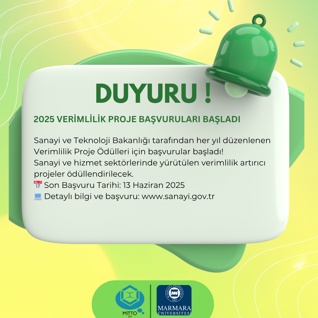Sanayi  ve  Teknoloji  Bakanlığı  tarafından,  sanayi  ve  hizmet  sektörlerindeki  işletmelerin
uyguladıkları verimlilik artırma projelerini teşvik etmek amacıyla her yıl düzenlenen "Verimlilik Proje
Ödülleri"  kapsamında,  2025  yılı  ödül  başvuruları başlamıştır.