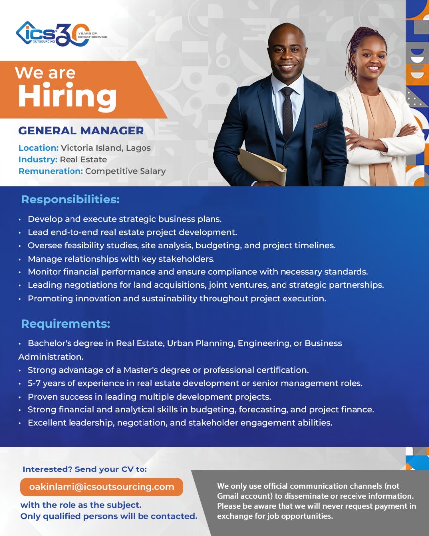 icsoutsourcing's tweet image. Lead the future of real estate!

ICS Outsourcing is hiring a General Manager in Lagos to drive innovation and growth.

Competitive salary awaits—apply today and make your mark!

#ICSOutsourcing #GeneralManager #RealEstateLeadership #LagosJobs #CareerOpportunities #HiringNow #Lead