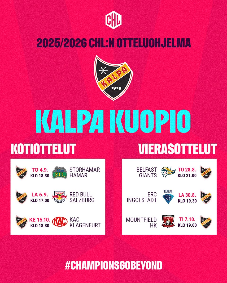 CHL:n otteluohjelma on julkaistu! 🔥

KalPa aloittaa CHL:n runkosarjan vieraskiertueella ja kotiavaus on luvassa Olvi Areenalla to 4.9. klo 18.30 Storhamaria vastaan.

🎟️ CHL:n runkosarjan kotiottelut sisältyvät KalPan kausikorttiin: kalpa.tmtickets.fi

#KalPa #Liiga #Kuopio