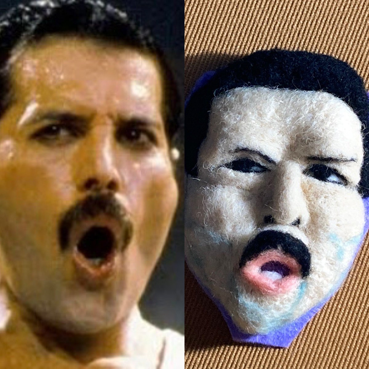 momonoyo's tweet photo. お久しぶりにクネクネ体つき
顔フェルトサクリマクリ。
#Queen
#freddiemarcury 
旧作の
#DavidBowie 
と共にダンス！！

#羊毛フェルト
#顔顔エヴリバディ
#アソコノヒロコサン。 https://t.co/cqTe26F3aZ