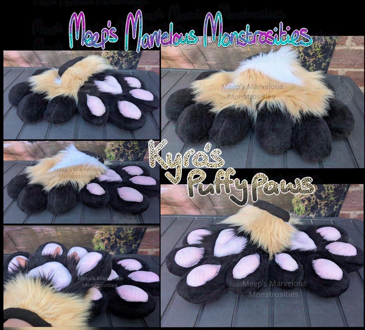 Set of 4 finger puffy paws completed for Kyro. 

These have extra stuffed mochi pawpads, finger escapes and are lined inside

#fursuitmaker #fursuit