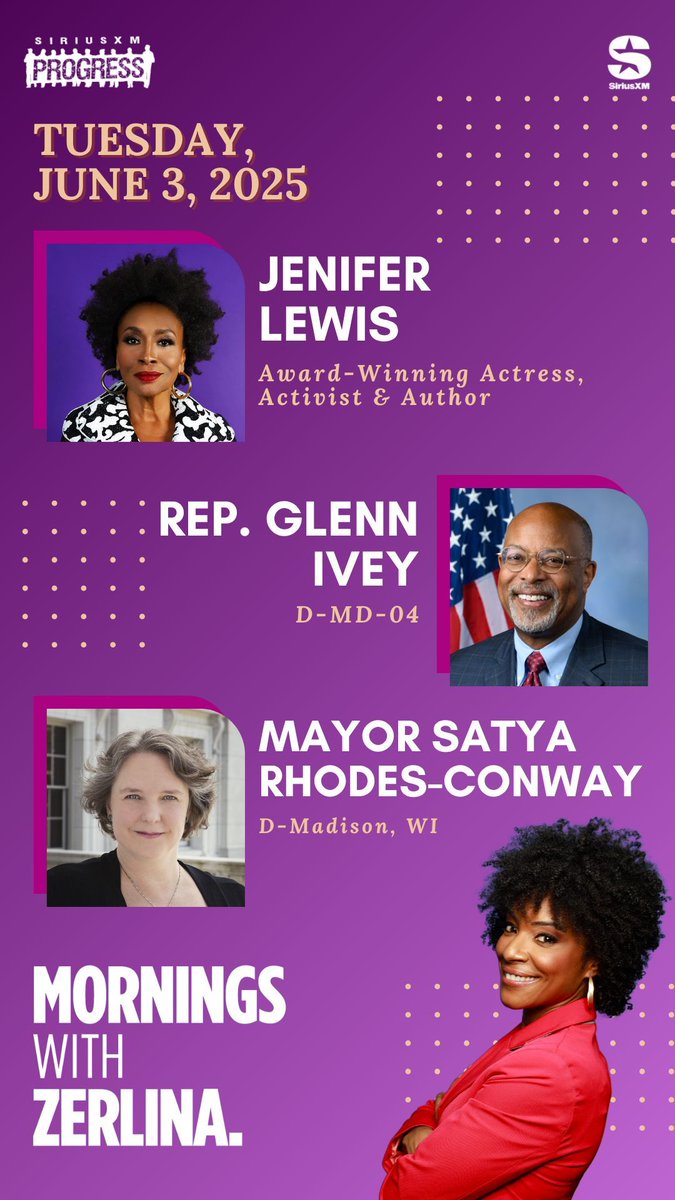 ZerlinaMornings.bsky.social (@zerlinamornings) on Twitter photo Tuesday tidings! Joining Zerlina: Award-Winning Actress, Activist & Author <a href="/JeniferLewis/">Jenifer Lewis</a>, <a href="/RepGlennIvey/">Rep. Glenn Ivey</a> of Maryland's 4th Congressional District + <a href="/MayorOfMadison/">Mayor of Madison</a> Satya Rhodes-Conway!
āļø 866-997-4748
š» <a href="/SiriusXMProg/">SiriusXMProg.bsky.social</a> Ch. 127
siriusxm.us/Zerlina Tuesday tidings! Joining Zerlina: Award-Winning Actress, Activist & Author <a href="/JeniferLewis/">Jenifer Lewis</a>, <a href="/RepGlennIvey/">Rep. Glenn Ivey</a> of Maryland's 4th Congressional District + <a href="/MayorOfMadison/">Mayor of Madison</a> Satya Rhodes-Conway!
āļø 866-997-4748
š» <a href="/SiriusXMProg/">SiriusXMProg.bsky.social</a> Ch. 127
siriusxm.us/Zerlina