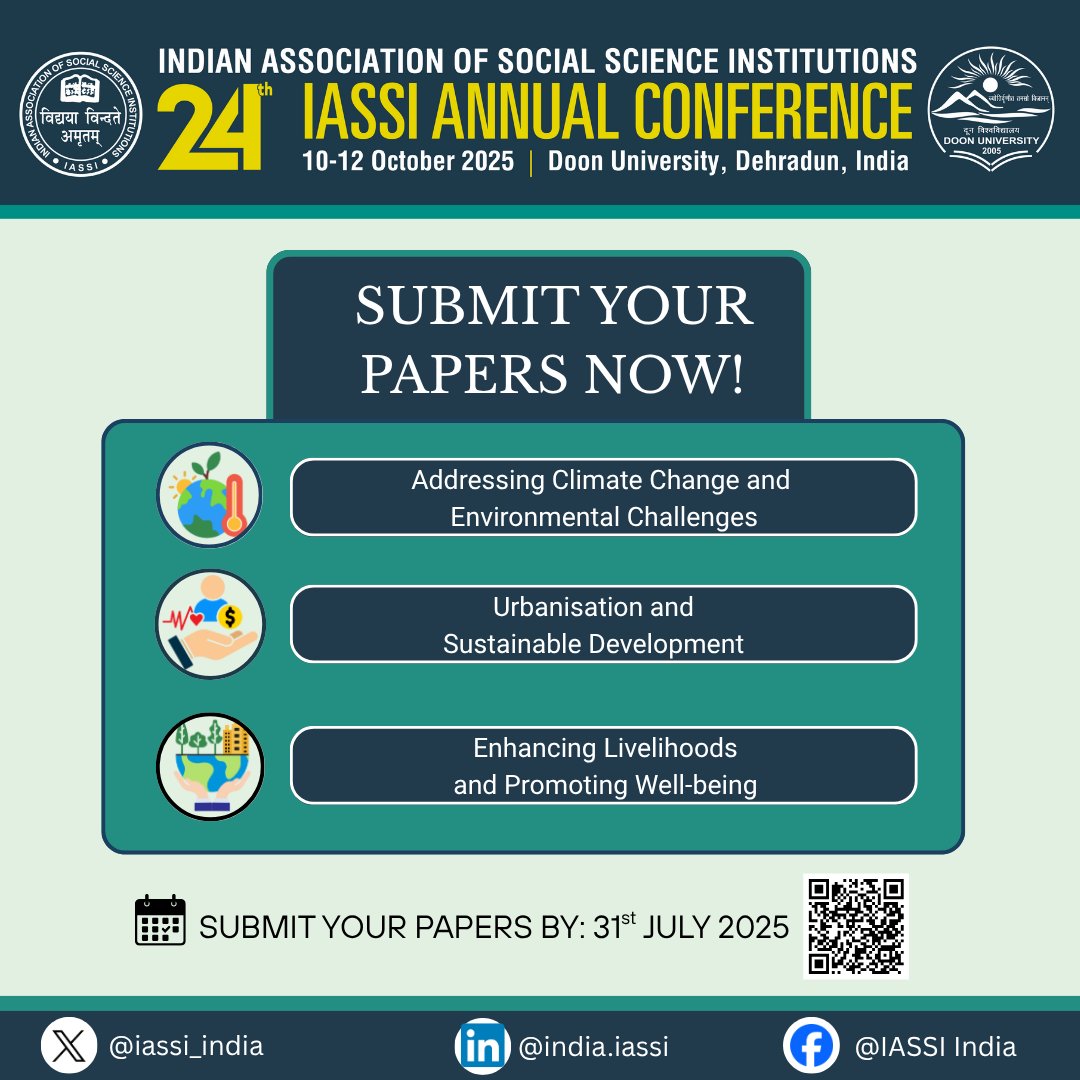 IASSI (@iassi_india) on Twitter photo ๐ข Call For Papers: Join #IASSI2025 at <a href="/doonuniversity/">doonuniversity</a>, Dehradun (Oct 10โ12)
Themes:
๐ Climate & Environment
๐๏ธ Urbanisation & Sustainability
๐ผ Livelihoods & Well-being
Submit by July 31: conference.iassi.org/submission-of-โฆ
#conferencealert #sustainability #ClimateAction #ResearchPapers ๐ข Call For Papers: Join #IASSI2025 at <a href="/doonuniversity/">doonuniversity</a>, Dehradun (Oct 10โ12)
Themes:
๐ Climate & Environment
๐๏ธ Urbanisation & Sustainability
๐ผ Livelihoods & Well-being
Submit by July 31: conference.iassi.org/submission-of-โฆ
#conferencealert #sustainability #ClimateAction #ResearchPapers