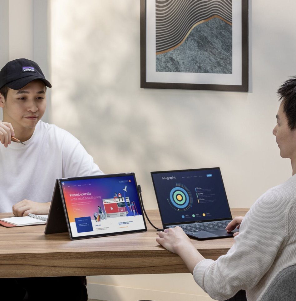 ASUS's tweet image. 😎🖥️🖥️When one screen just won’t cut it…double up!

The #DUO OLED portable monitor makes multi-tasking, collaborating, and creating easier than ever.

#ZenScreen #PortableMonitor #MQ149CD #Foldable