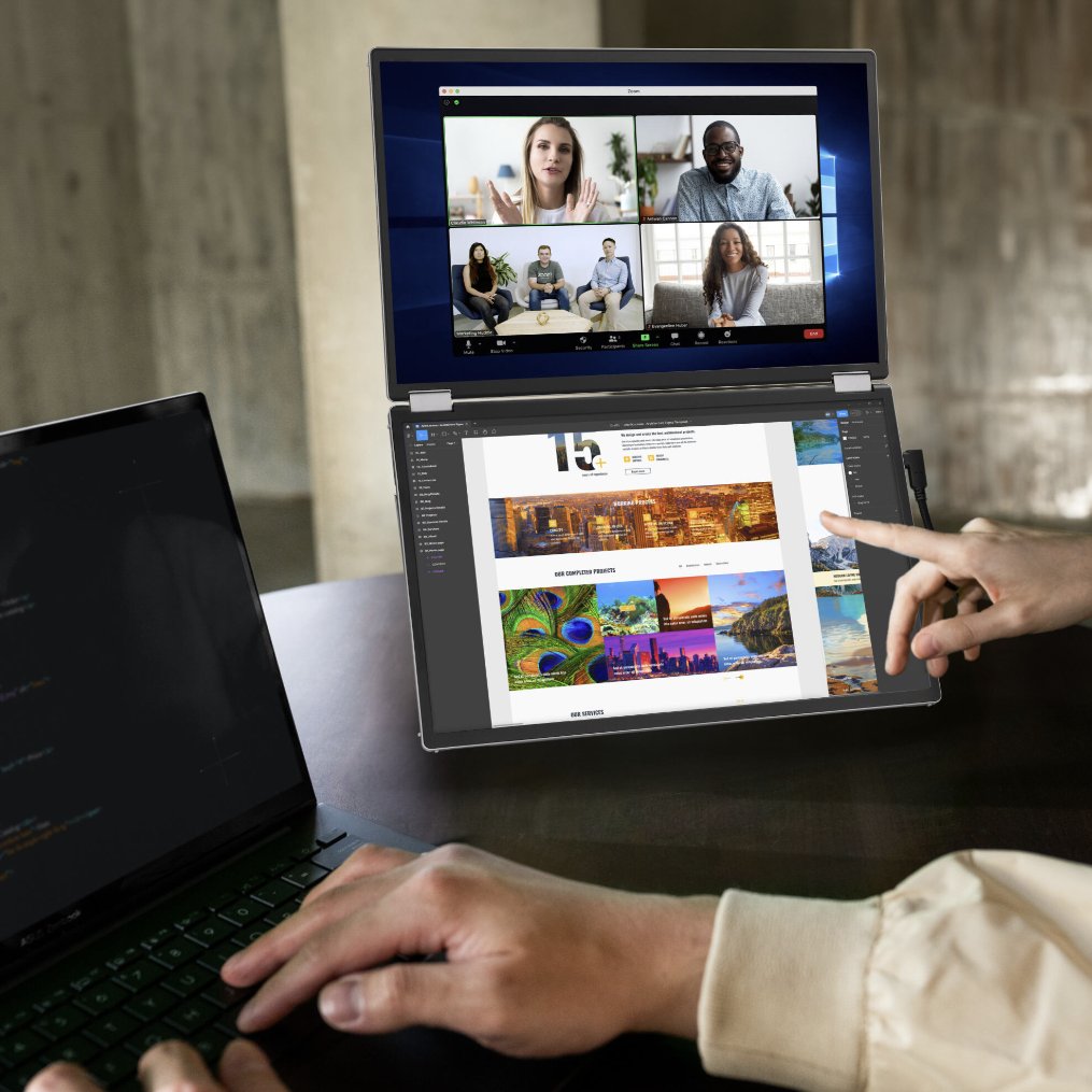 ASUS's tweet image. 😎🖥️🖥️When one screen just won’t cut it…double up!

The #DUO OLED portable monitor makes multi-tasking, collaborating, and creating easier than ever.

#ZenScreen #PortableMonitor #MQ149CD #Foldable