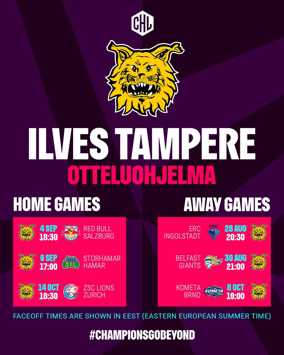 CHL:n otteluohjelma kaudelle 2025-2026 on julkaistu! 💪🏻

📝 Lue uutinen: ilves.com

#Ilves #CHL #ChampionsGoBeyond