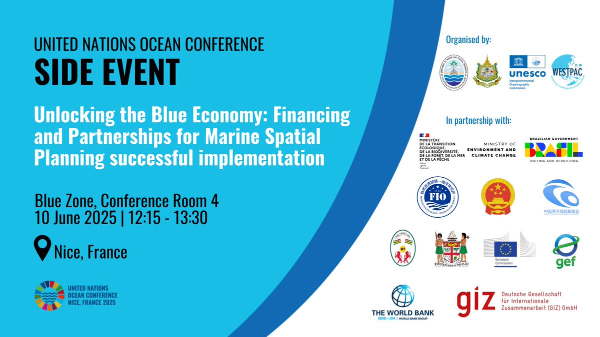 🌊Join MSPglobal and <a href="/DMCRTH/">กรมทรัพยากรทางทะเลฯ</a> for a high-level side event in the blue zone at #UNOC3 to discuss knowledge, financing and partnerships for MSP ➡️tinyurl.com/3bsry3tv

🗓️10 June 2025, 12:15-13:30
Conference Room 4
Nice, France

[NOTE: Blue zone accreditation needed]