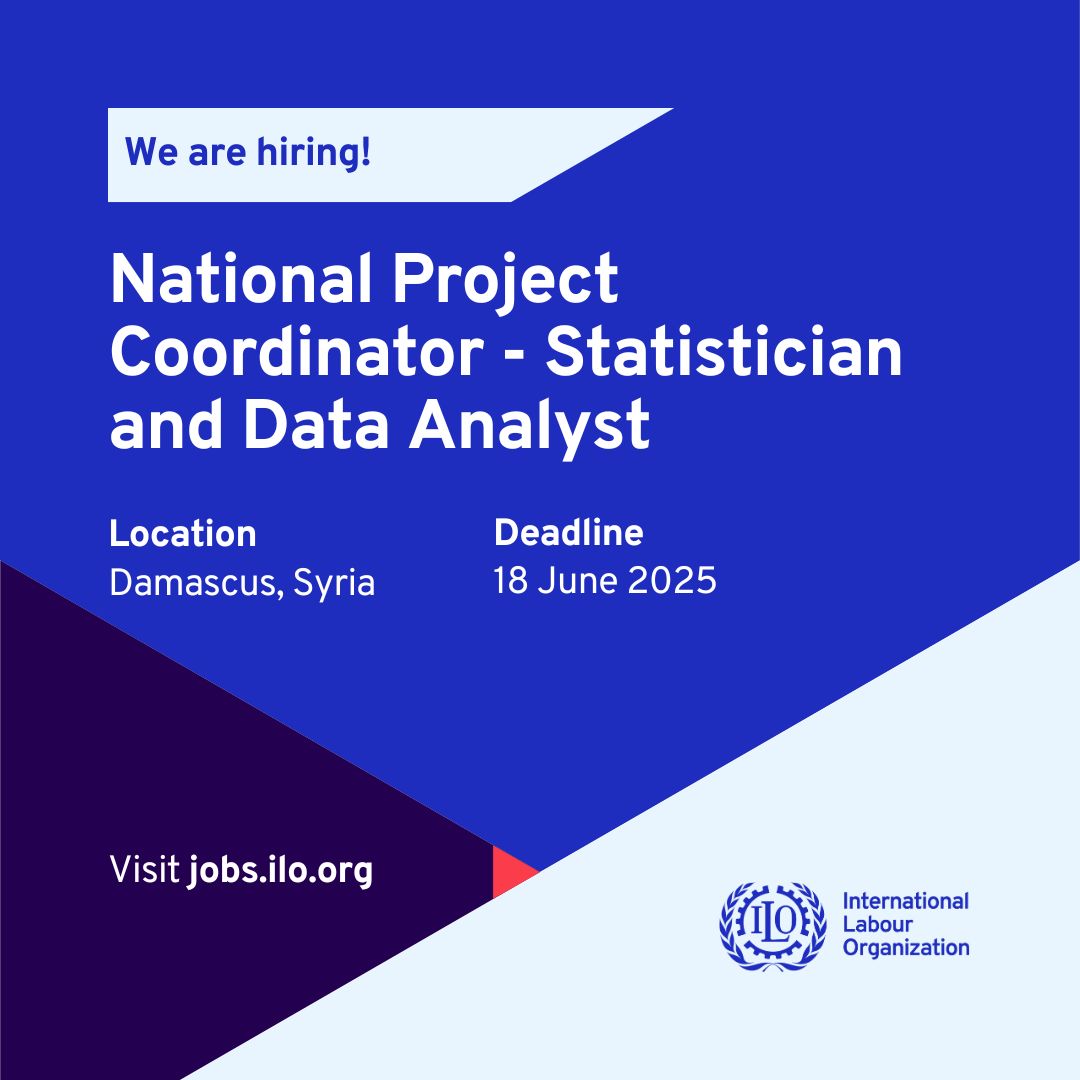 🚨JOB OPPORTUNITY🚨

We are hiring for the position of ‘National Project Coordinator - Statistician and Data Analyst’ in Damascus. 

📅18 June 2025
⌛️12:00 a.m. local time.

To check the required skills/ to apply, click: jobs.ilo.org/job/Damascus-N…