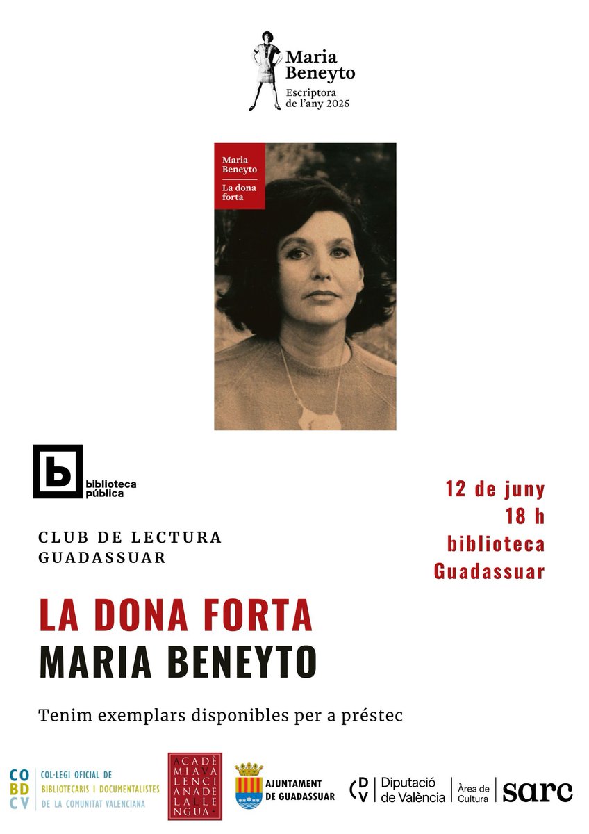 📌Club de lectura

📖LA DONA FORTA
📆12 de juny ⏰18 h

amb la col·laboració de <a href="/AVLoficial/">AVL</a> i <a href="/cobdcv/">COBDCV</a>   

#MariaBeneyto Escriptora de l'any 2025