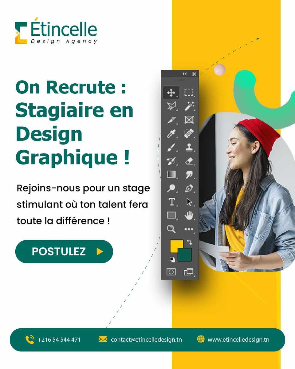 🎨 [Recrutement Stage]
Tu es passionné(e) par le design graphique ?
🔥 Viens booster ta créativité chez Étincelle Design Agency !
💡 Environnement créatif
💼 Ta touche fera toute la différence !
📍 Poste basé à La Soukra
📩 Postule maintenant : contact@etincelledesign.tn