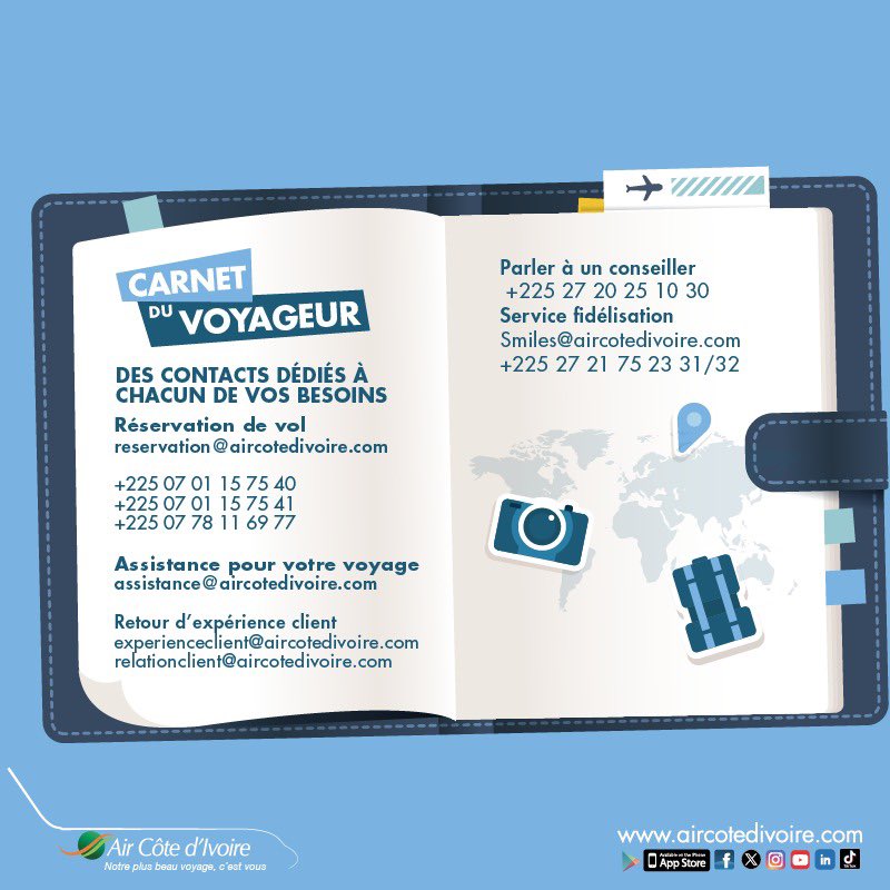 Besoin d’informations ou d’assistance ? Une urgence concernant votre voyage ? 

Enregistrez cette fiche avec toutes nos coordonnées pour joindre facilement votre compagnie en cas de besoin !

#carnetduvoyageur #airline #aircotedivoire #Flywithaircotedivoire
