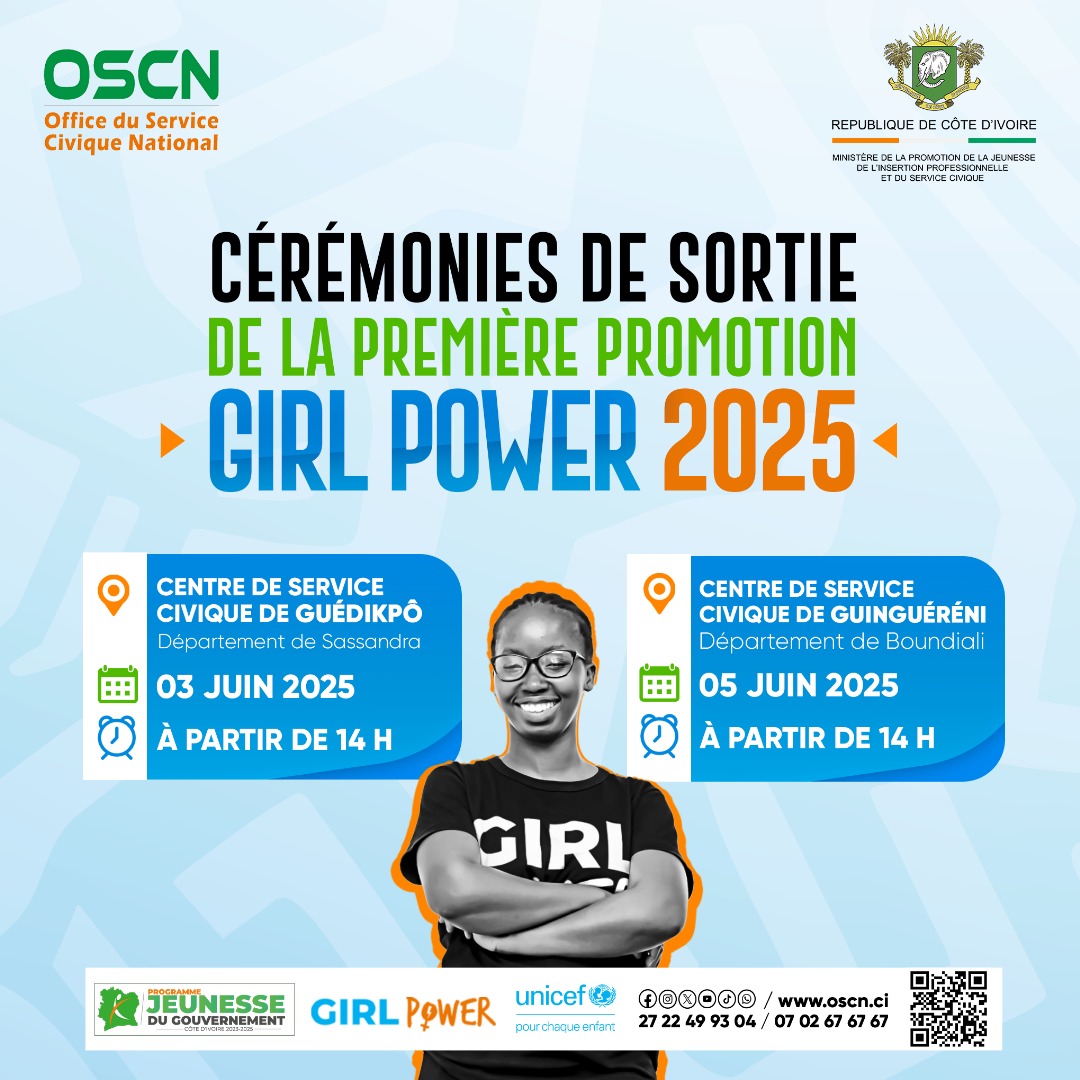 🎓 Ce 03 juin, le CSC de Guedikpo célèbre la sortie de la 1ère promo #GirlPower2025 👏🏾
💪🏾 Fierté, engagement &amp; empowerment au féminin !
📍Guinguéréni : cérémonie reportée à une date ultérieure.
#OSCN #ServiceCivique #JeunesseCIV