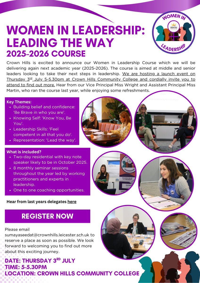 We're excited to be running our Women in Leadership Course again this year. 

We are hosting a launch event at CHCC on Thursday 3rd July 5-5.30pm. Come along to find out more! Email Sumaya to confirm your attendance. 

Hear from last years delegates here youtu.be/QzegzxsVJK8