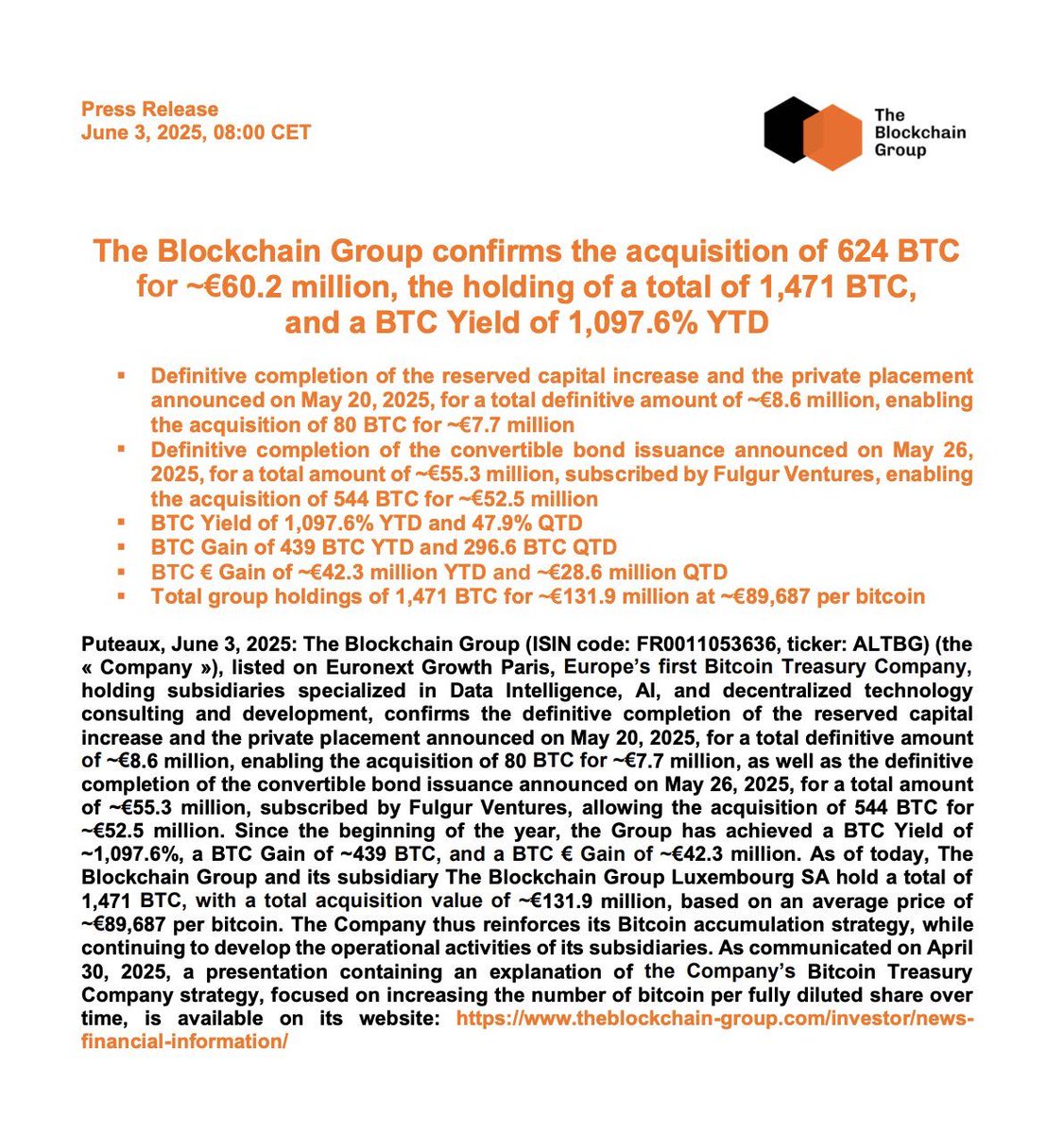 JUST IN: 🇫🇷 Publicly traded The Blockchain Group buys 624 #Bitcoin for  €60.2 million. Nothing stops this train 🙌