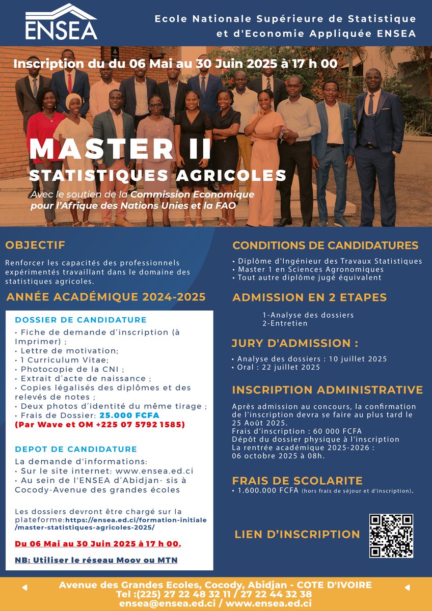 ENSEA d'Abidjan Officiel (@enseao) on Twitter photo #Recrutement | Ouverture des inscriptions au Master 2 en Statistiques Agricoles du 06 Mai au 30 Juin 2025. ▶️cutt.ly/krl4j8aS
<a href="/FAOstatistics/">FAO Statistics</a>, <a href="/the_ACEProject/">Africa Higher Ed. Centers of Excellence-ACE Impact</a>, <a href="/AAU_67/">Association of African Universities</a>, <a href="/AFD_France/">Agence Française de #Développement (AFD) 🇫🇷 🇪🇺</a>, <a href="/ufhbci/">Université Félix Houphouët-Boigny Abidjan-Cocody</a> #Recrutement | Ouverture des inscriptions au Master 2 en Statistiques Agricoles du 06 Mai au 30 Juin 2025. ▶️cutt.ly/krl4j8aS
<a href="/FAOstatistics/">FAO Statistics</a>, <a href="/the_ACEProject/">Africa Higher Ed. Centers of Excellence-ACE Impact</a>, <a href="/AAU_67/">Association of African Universities</a>, <a href="/AFD_France/">Agence Française de #Développement (AFD) 🇫🇷 🇪🇺</a>, <a href="/ufhbci/">Université Félix Houphouët-Boigny Abidjan-Cocody</a>