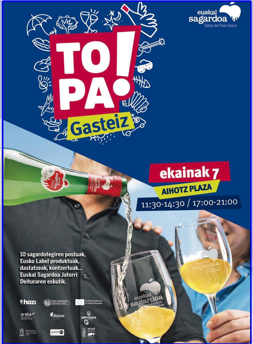🍎La D.O. Euskal Sagardoa presenta este sábado en la Plaza del Matxete de Gasteiz la sidra de la cosecha 2024. 

🥂 Degustaciones de 110 sidras
👃 Catas con Mikel Garaizabal
🔥  #EuskoLabel con Txomin Parrilla
✅ Sidra con 100% manzana autóctona y calidad certificada por HAZI.