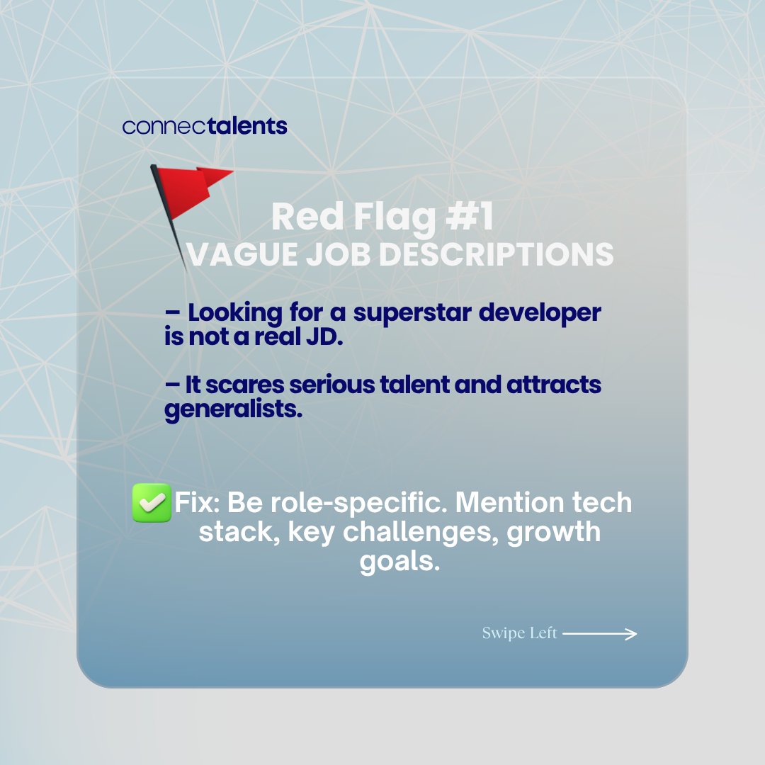 CTMENA's tweet image. Hiring tech talent in KSA or UAE?
These 5 mistakes are costing you great candidates.

🚩 Vague JDs
🚩 No tech assessment
🚩 Founder doing it all
(1-2)

#GulfTech #HiringTips