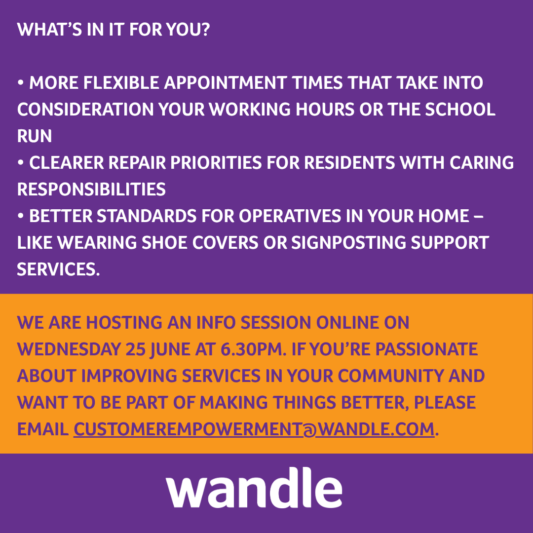 Wandle HA (@wandleha) on Twitter photo Repairs Improvement Panel:
We are hosting an info session online on Wednesday 25 June at 6.30pm.
If youāre passionate about improving services in your community and want to be part of making things better, please email customerempowerment@wandle.com. Repairs Improvement Panel:
We are hosting an info session online on Wednesday 25 June at 6.30pm.
If youāre passionate about improving services in your community and want to be part of making things better, please email customerempowerment@wandle.com.