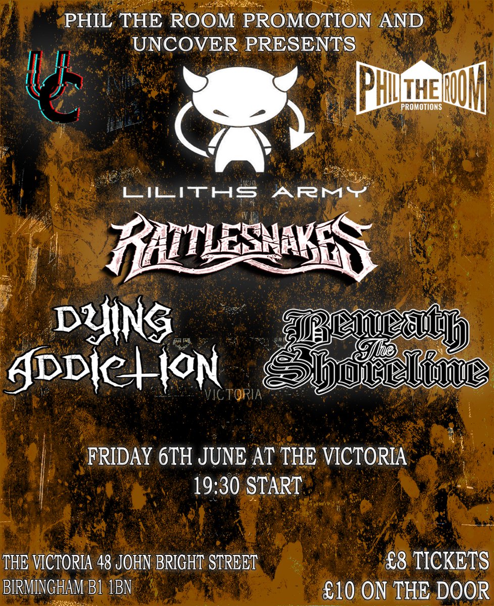 Where else are you going to be Friday other than at the Victoria in Birmingham to witness Lilith's Army, Rattlesnakes, Dying Addiction and Beneath the shoreline?
One night only
Tickets here 👇🏻
seetickets.com/event/liliths-…
See you down the front

#Birmingham